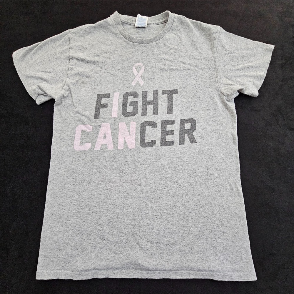 Fight Cancer‎ Pink Ribbon Gray Short Sleeve Cotton Blend T-Shirt Adult S